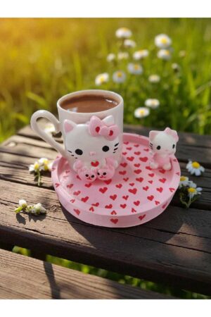 El Yapımı Hello Kitty Tasarımlı Porselen Kahve Fincanı (Pembe) - Dekoratif Kahve Takımı