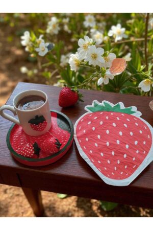 Alternative view of Çilek Tasarımlı Porselen Kahve Fincanı - Taş Tozu Fincan Takımı & Dekoratif Fincan Seti