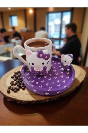 El Yapımı Hello Kitty Tasarımlı Porselen Kahve Fincanı (Mor) - Dekoratif Kahve Takımı