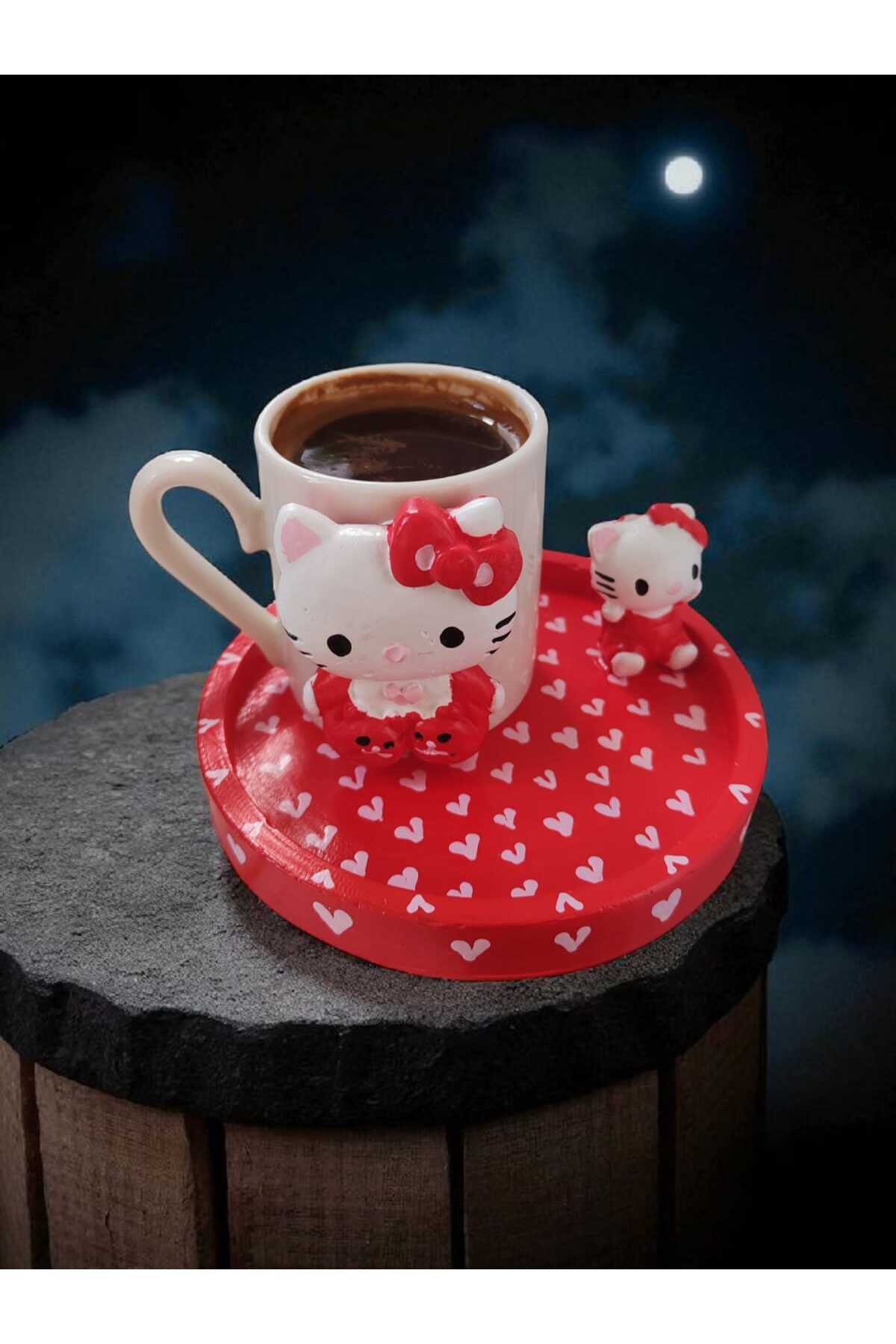 El Yapımı Hello Kitty Tasarımlı Porselen Kahve Fincanı (Kırmızı) - Dekoratif Kahve Takımı