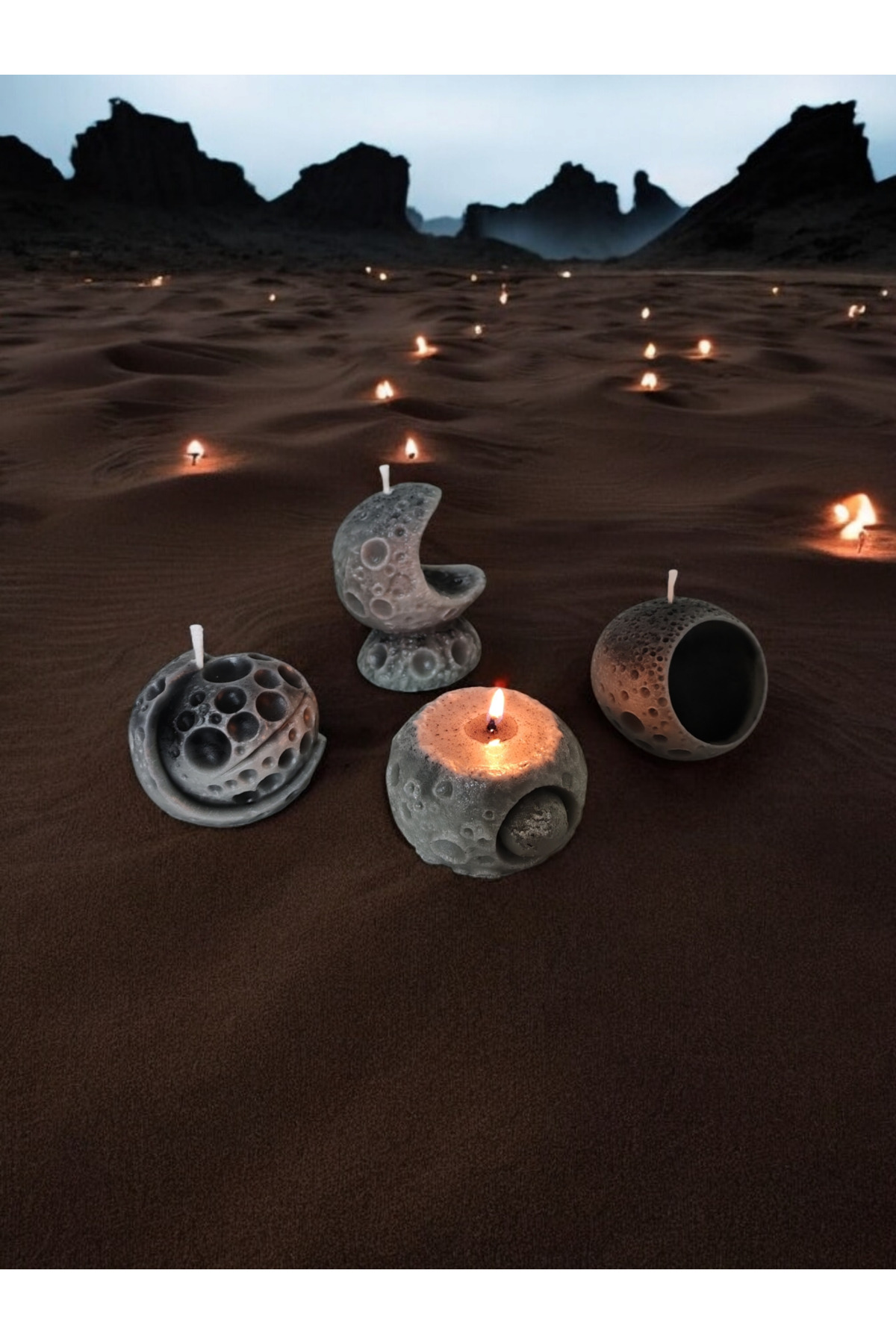 🌓 Ay Krateri Desenli 4’lü Dekoratif Mum Seti – Uzay Temalı Tasarım - Görsel 2