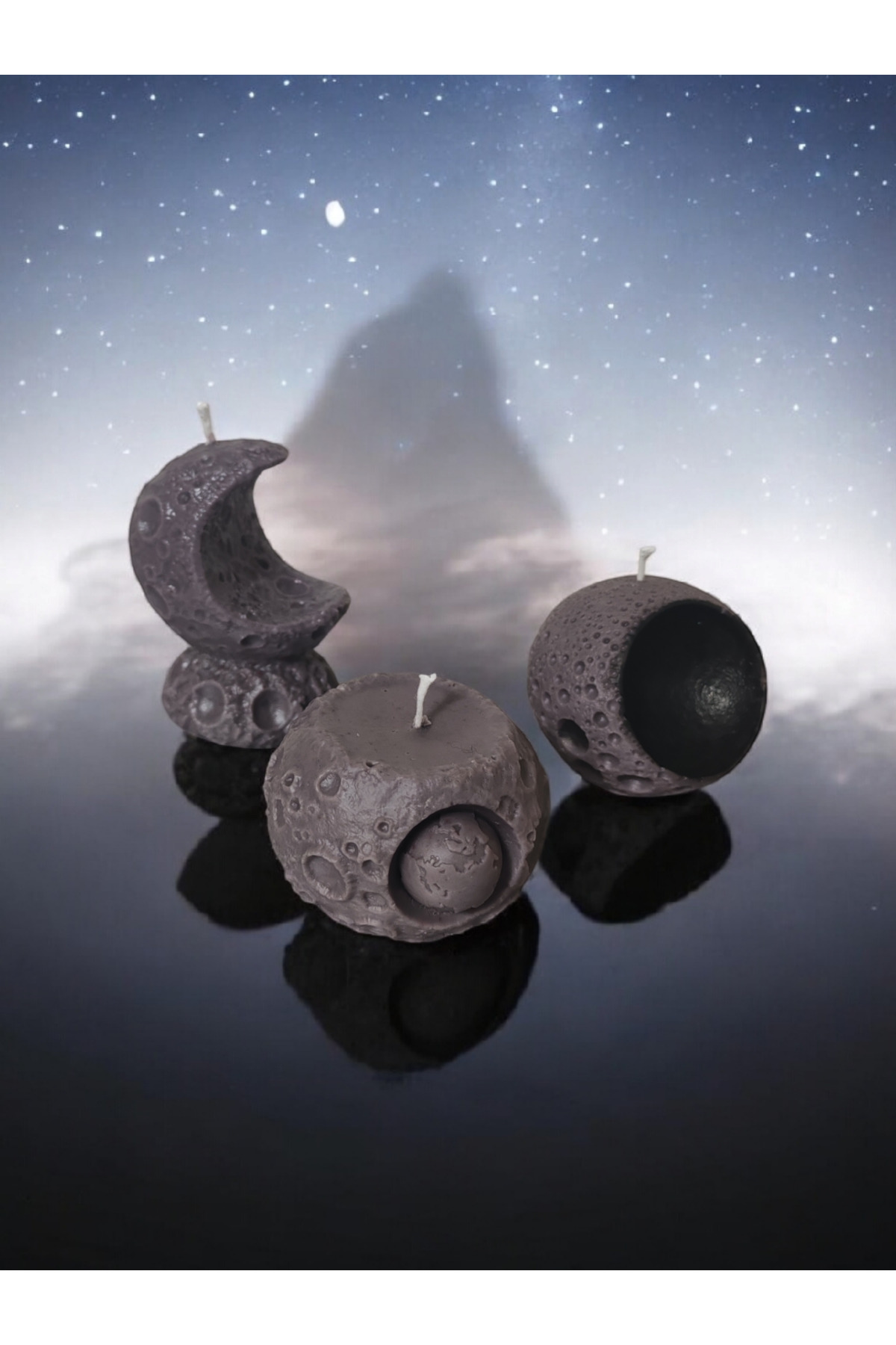 🌓 Ay Krateri Desenli 4’lü Dekoratif Mum Seti – Uzay Temalı Tasarım - Görsel 3