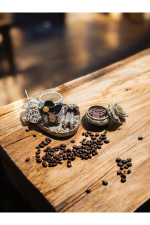 Leopar fincan ve Güllü lokumlu türk kahvesi seti 1 kişilik