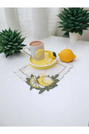El Yapımı Etamin Peçete ve Limon Temalı Kahve Fincanı Sunum Seti