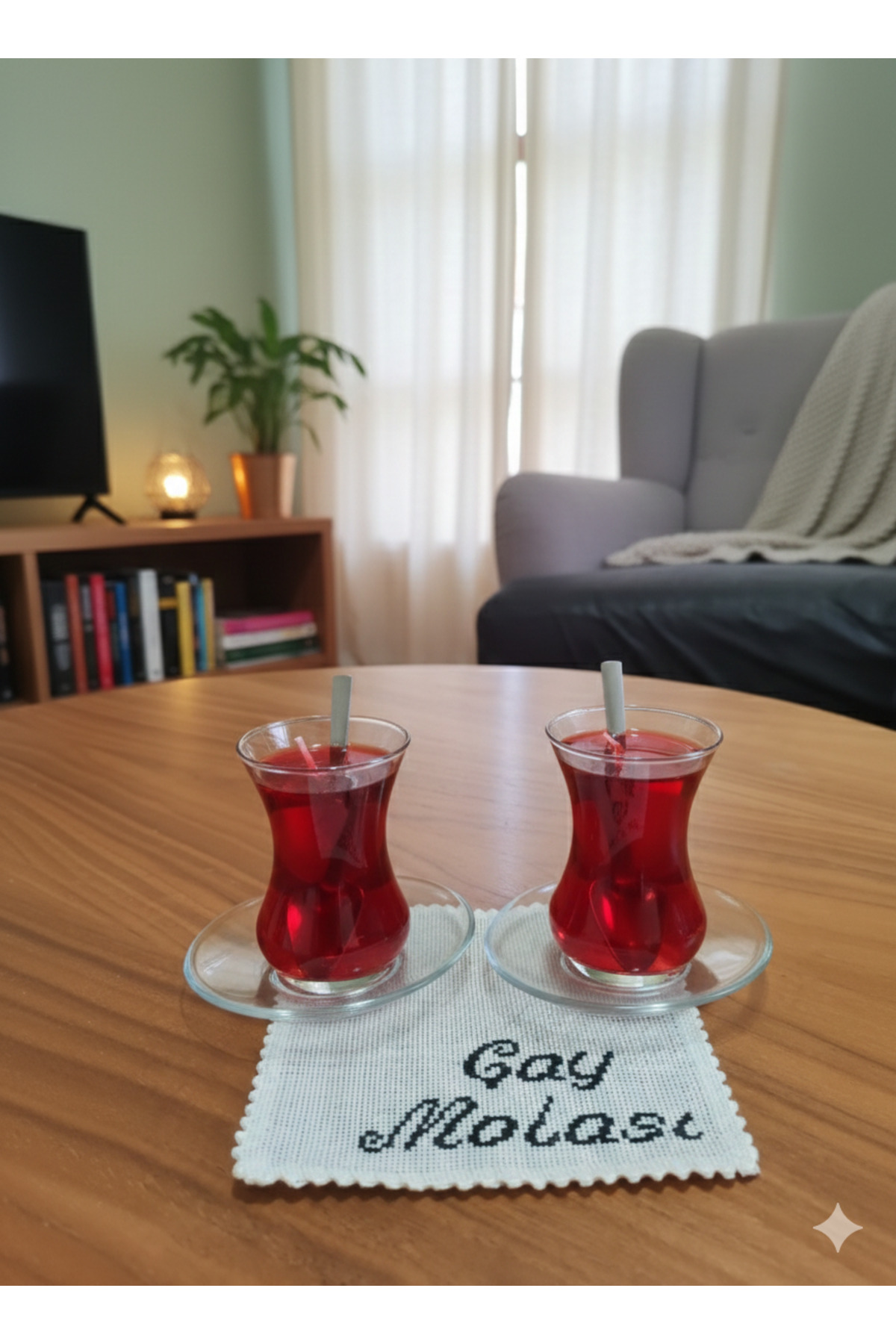 2 li çay mum ve 1 adet etamin işlemeli peçete seti harika 3 lü