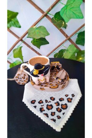 🐆 Etamin Peçeteli Leopar Desenli El Yapımı Kahve Seti (Tek Kişilik)