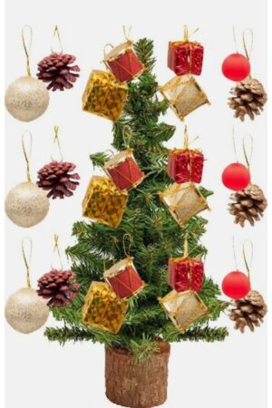 Yılbaşı Çam Ağacı Süsü Seti — Renkli Hediye Kutuları, Parlak Toplar ve Kozalaklar (9’lu Paket)