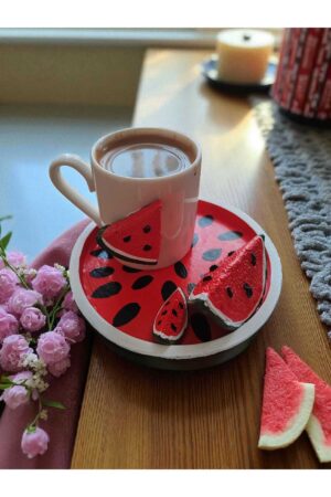 El Yapımı Karpuz Tasarımlı Kahve Fincanı - Taş Tozu Fincan Takımı & Dekoratif Fincan Seti