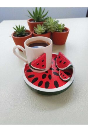 Alternative view of El Yapımı Karpuz Tasarımlı Kahve Fincanı - Taş Tozu Fincan Takımı & Dekoratif Fincan Seti